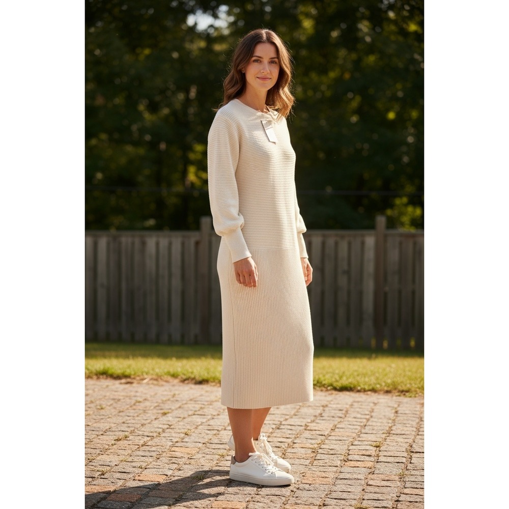 Ramy Brook Anna Dress Women's Cream 100% Wool‎ Ribbed Knit Sweater Mini NWT